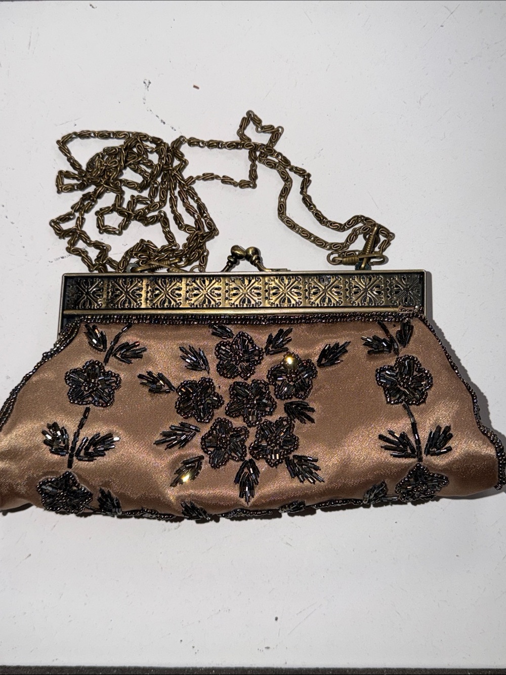 Bronze Beaded Floral Evening Clutch with Chain